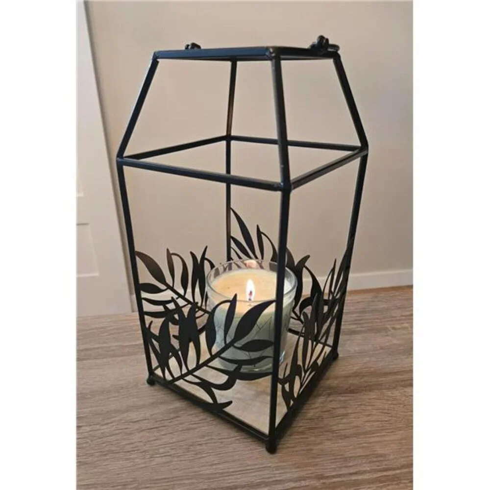 Black Metal Candle Lantern Indoor Outdoor Leaf Design Decorative Centerpiece